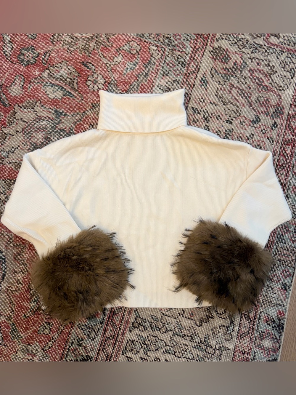 Line & Dot Cream Turtleneck Sweater with Brown Faux Fur Cuffs